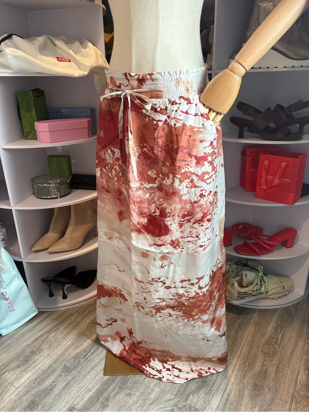 Vivienne Tam watercolor abstract silk blend drawstring maxi skirt terracotta 10 - Picture 3 of 7